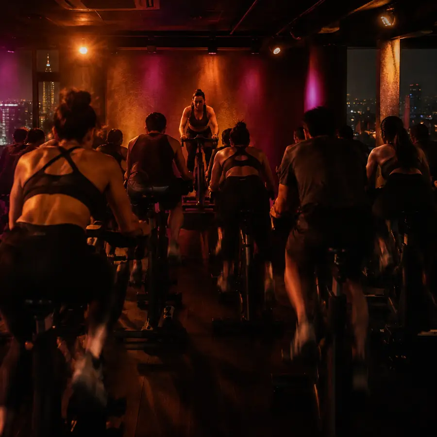 Clase de cycling con luz baja y bicis en filas
