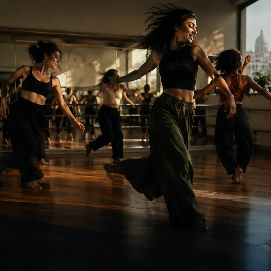 Clase de danza en un salón con espejos y piso de madera