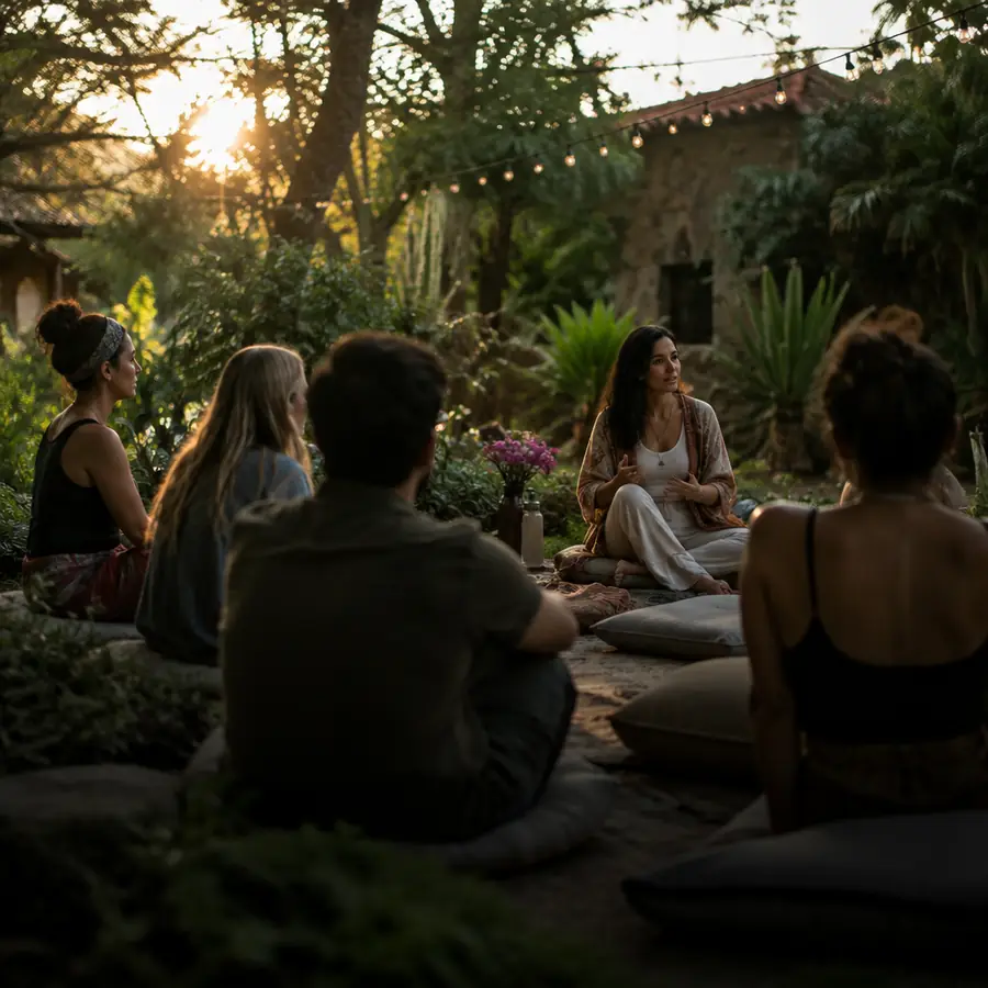Taller al aire libre: un grupo sentado en cojines escucha a la facilitadora