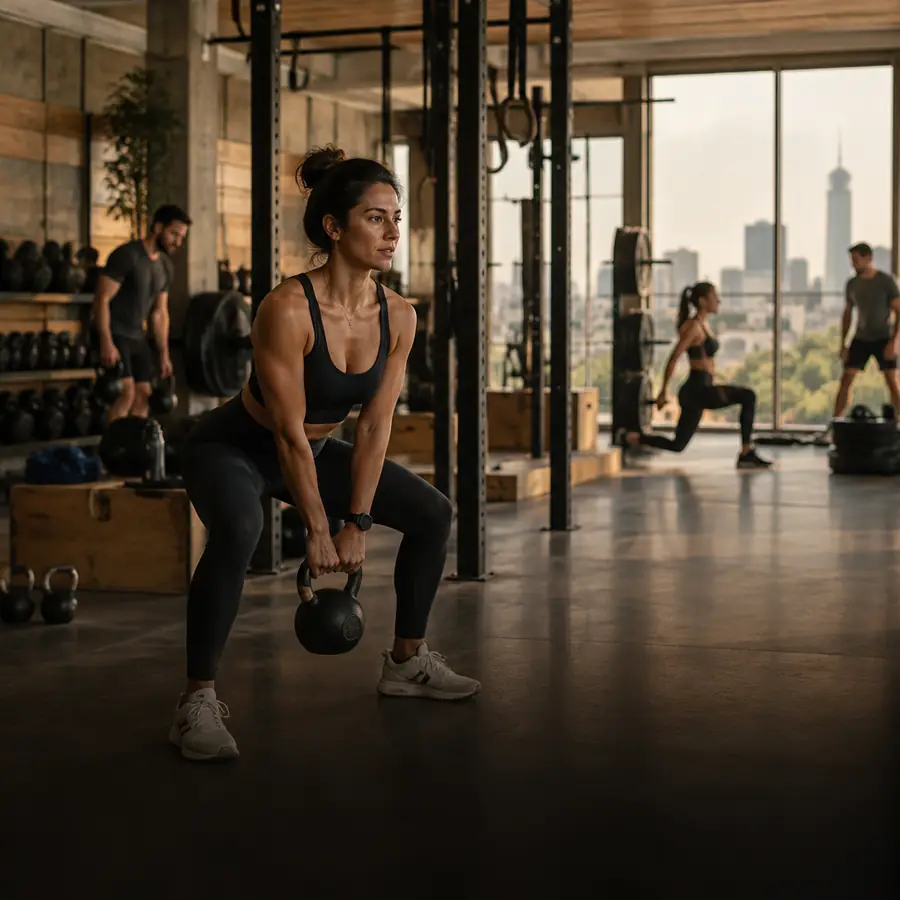 Mujer entrena con una pesa rusa en un gimnasio con ventanales a la ciudad