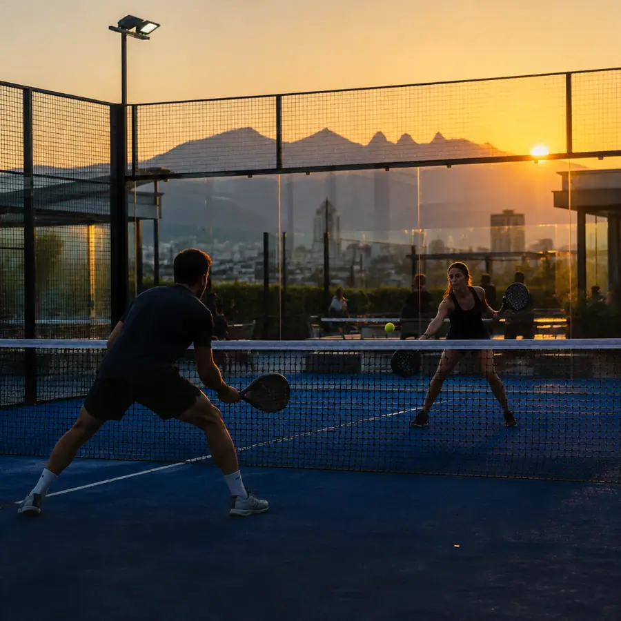 Partido de pádel al atardecer, con la ciudad y las montañas al fondo