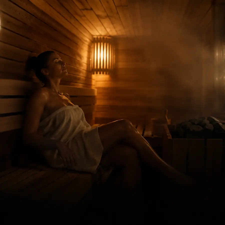 Mujer descansa en un sauna de madera con vapor y luz cálida