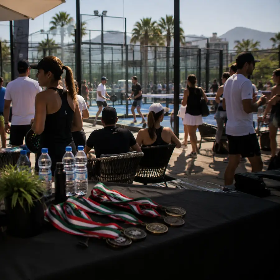 Torneo de pádel: mesa con medallas y jugadores junto a las canchas