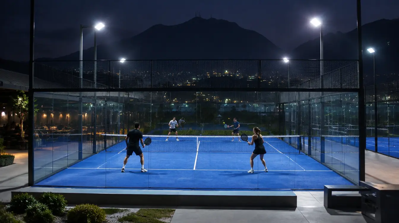 Cancha de pádel con muros de cristal iluminada de noche: dos parejas juegan y al fondo se ven la ciudad y la sierra